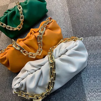 

Genuine Leather Thick Metal Chains Cloud Bag Underarm Bags 2020 Designer Female Soft Dumpling Bag Cowhide Leather Clutch Handbag
