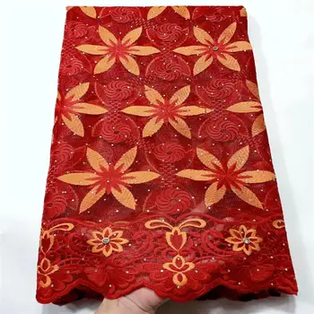 

Red African Lace Fabric 2020 Embroidery Nigerian Stones Lace Fabric.High Quality Big Stones French Tulle Lace Fabric For Women