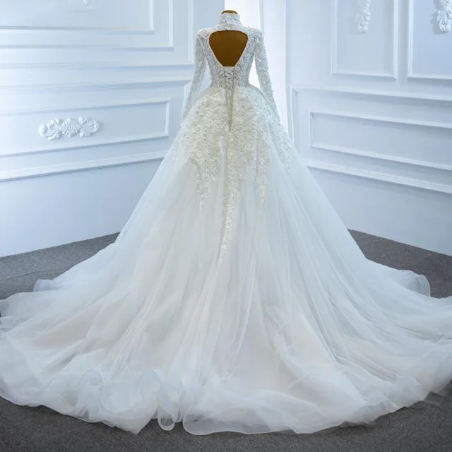 J67218 Elegant Charming High Neck Pearls Wedding Dress 2020 Appliques Ball Gowns Long Sleeve Flowerls 2