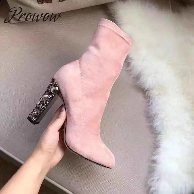 

Prowow New Genuine Leather Sexy Pointed Toe Ankle Boots Branded Zip Side Low Heel Autumn Winter Boots Shoes Women