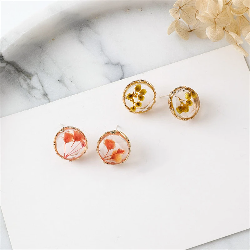 

SOHOT 925 Silver Needle Cute Round Transparent Dried Flowers Women Stud Earrings Colorful Trendy Alloy Jewelry Brincos