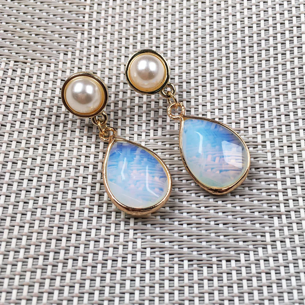 

2019 New Women Nature Stone Earrings Stud Exquisite Jewelry Handmade long drop shape Faceted opal Stone Earring