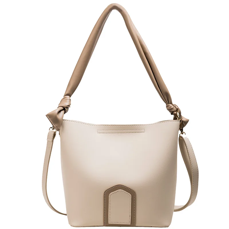 Винтажная сумка-мешок из искусственной кожи для женщин, простая большая сумка через плечо, женские модные сумки, одноцветные сумки - Цвет: Beige