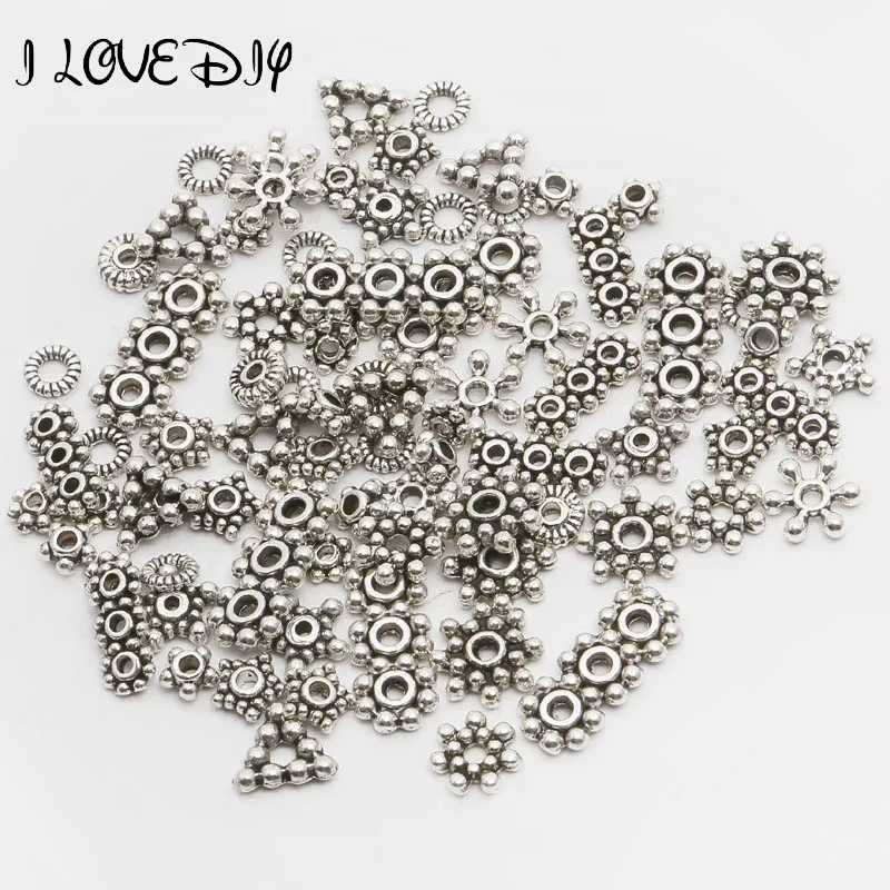 

200pcs Mix Size Metal Silver Plated Rose Flower Spacer Beads For Needlework Charm For DIY Jewelry Bracelet Making 4.5mm-16mm