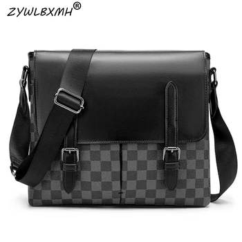 

ZYWLBXMH Flap Pocket Vintage Men's Bag Zipper Hasp Messenger Bag Plaid Shoulder Bag Solid Color Waterproof PU Leather Square Bag