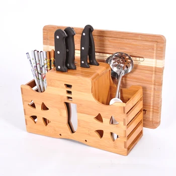 

Large Capacity Bamboo Knife Holder Multifunction Tableware Chopping Board Storage Organizer Rack Wood Knife Block Shelf