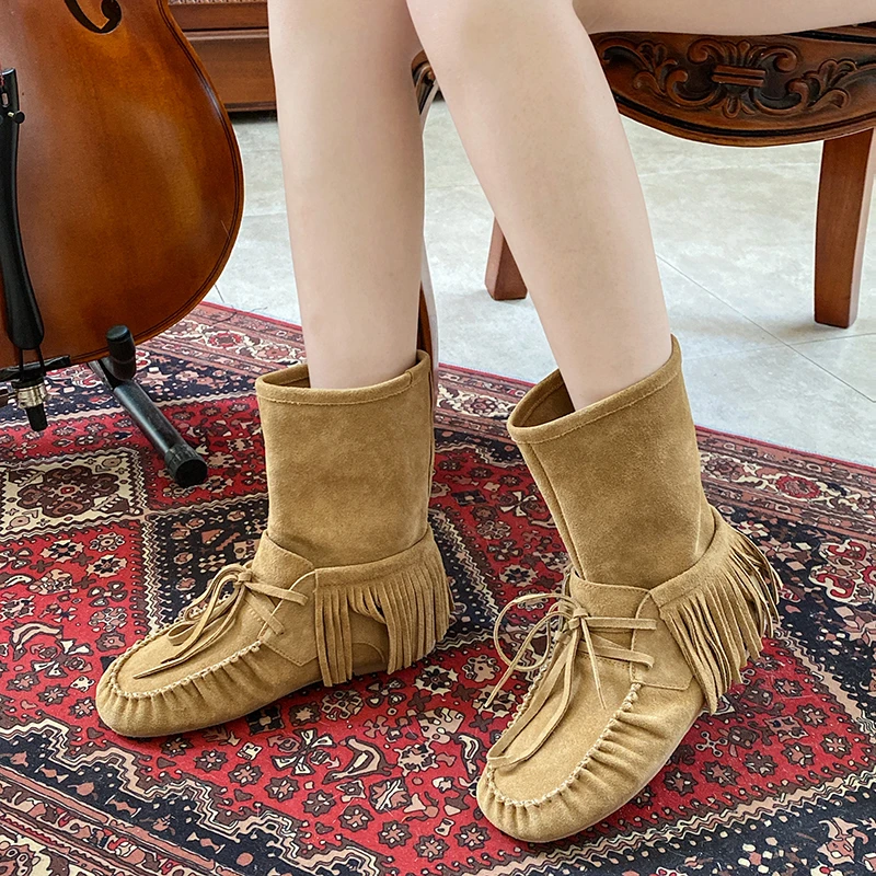 Mocasines étnicos bohemios aterciopelados Para Mujer, botas hasta la rodilla con moda 2021|Botas a media pantorrilla| -