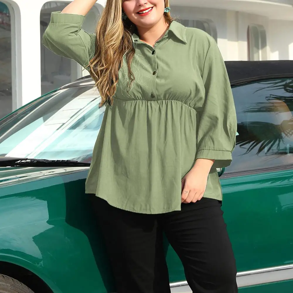 

Women's Long Sleeve Elastic Waist Blouse Lapel Commuting Elegant Office Spring Autumn Blouse Women's Puls -Size Shirt Tops 4XL