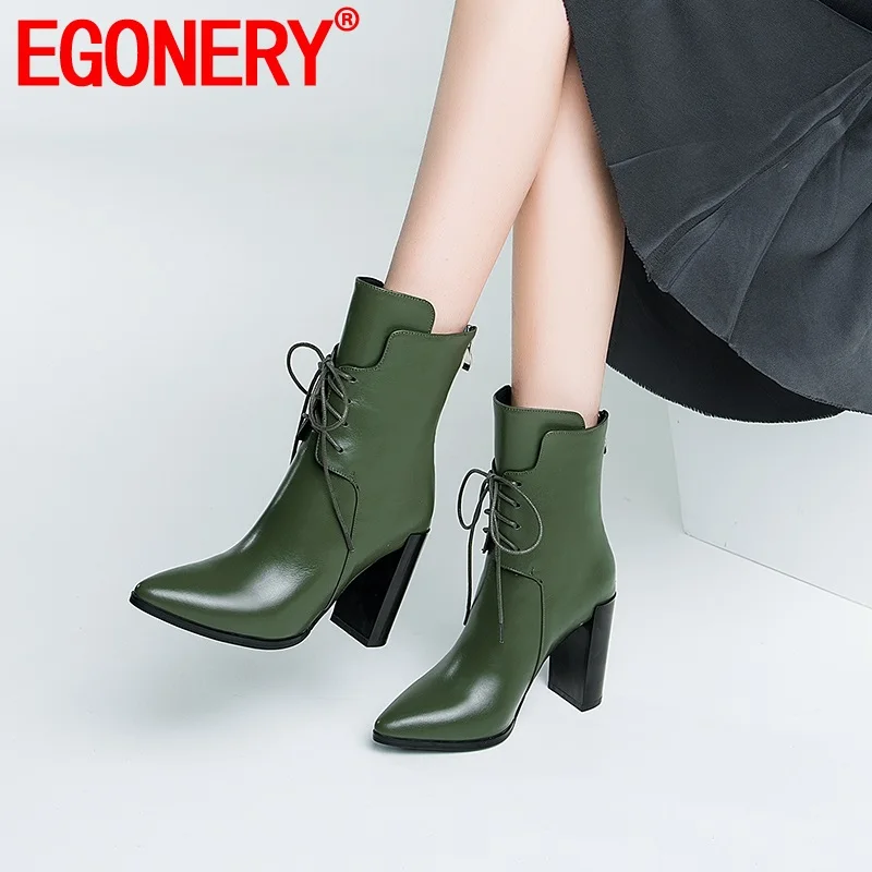 

EGONERY hot sale women shoes winter new concise high heels 2019 genuine leather pointed toe ankle boots ladies dress shoes