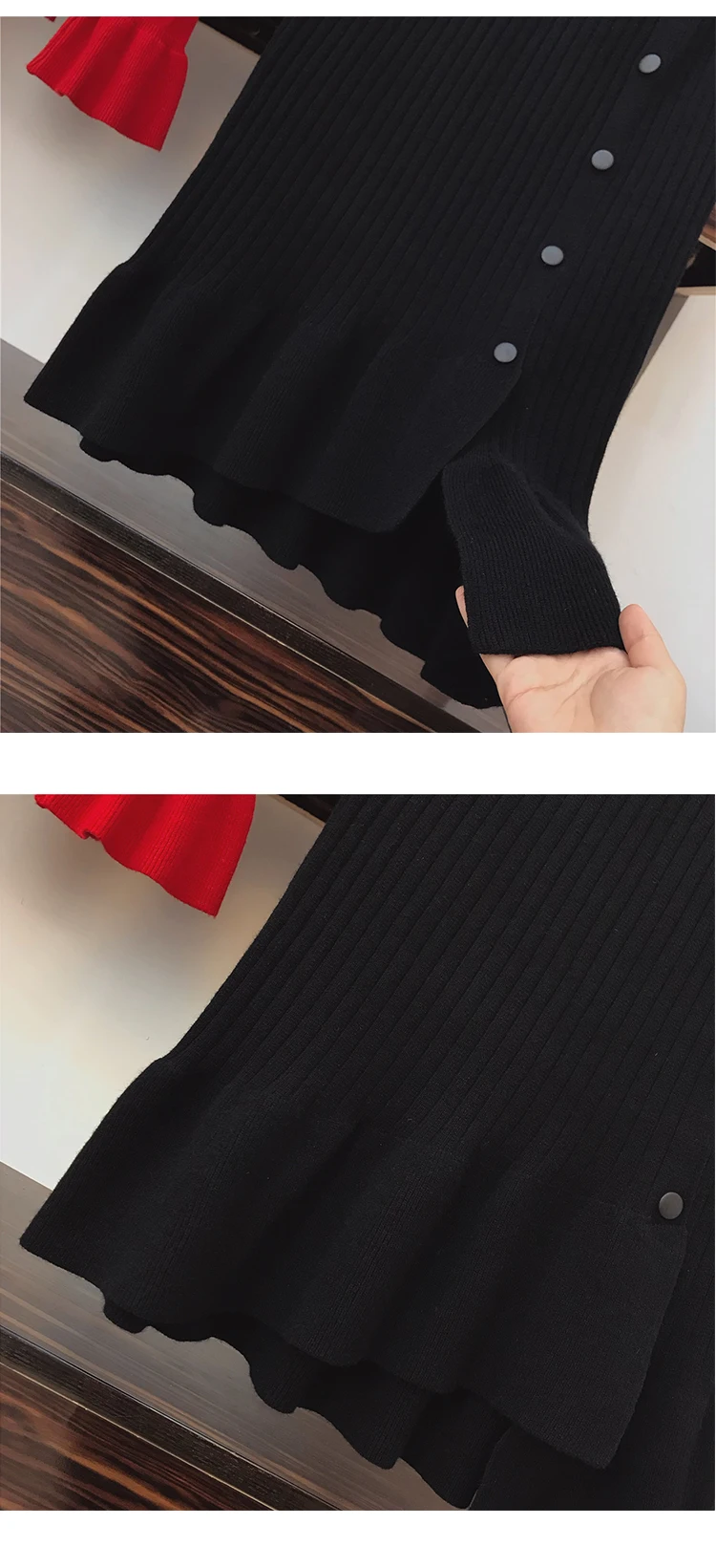 Черная трикотажная юбка-годе, комплект женской осенней одежды с расклешенным рукавом, гофрированным красный вязаный свитер и юбка, комплект из 2 предметов