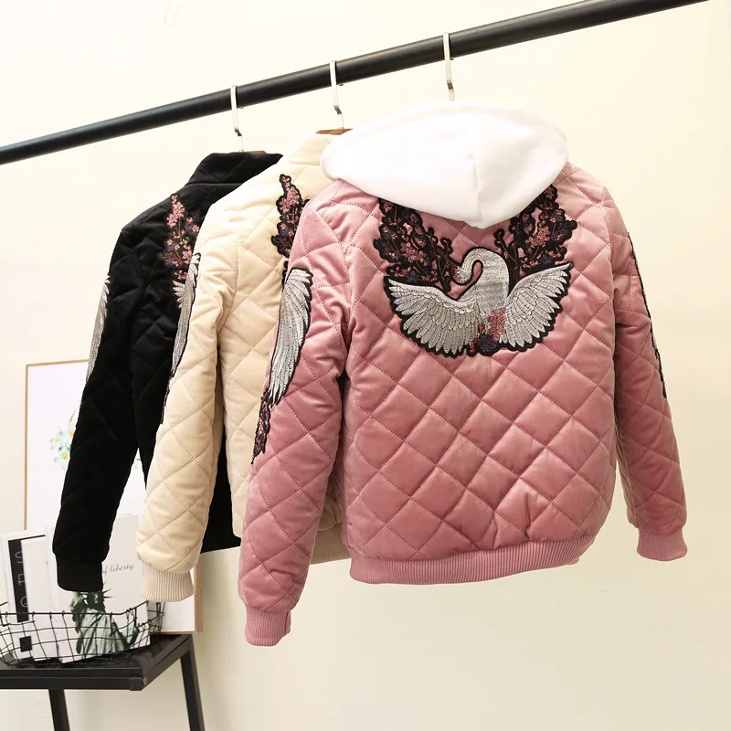 

Cotton Coat Women's Short 2018 New Style Winter Embroidered Thick Baseball Uniform Gold Velvet Coat Rhombus Harajuku Small Cotto