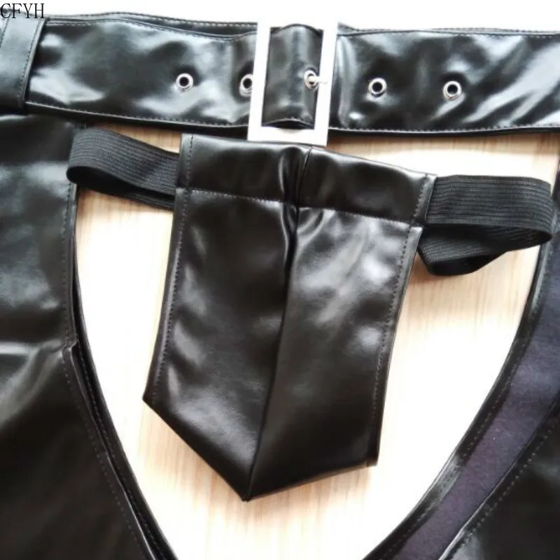 Sexy Men PU Leather Open Crotch Erotic Latex Pants Adjustable Belt Buckle Zipper Side Trousers Hollow Out Long Pants Club Wear