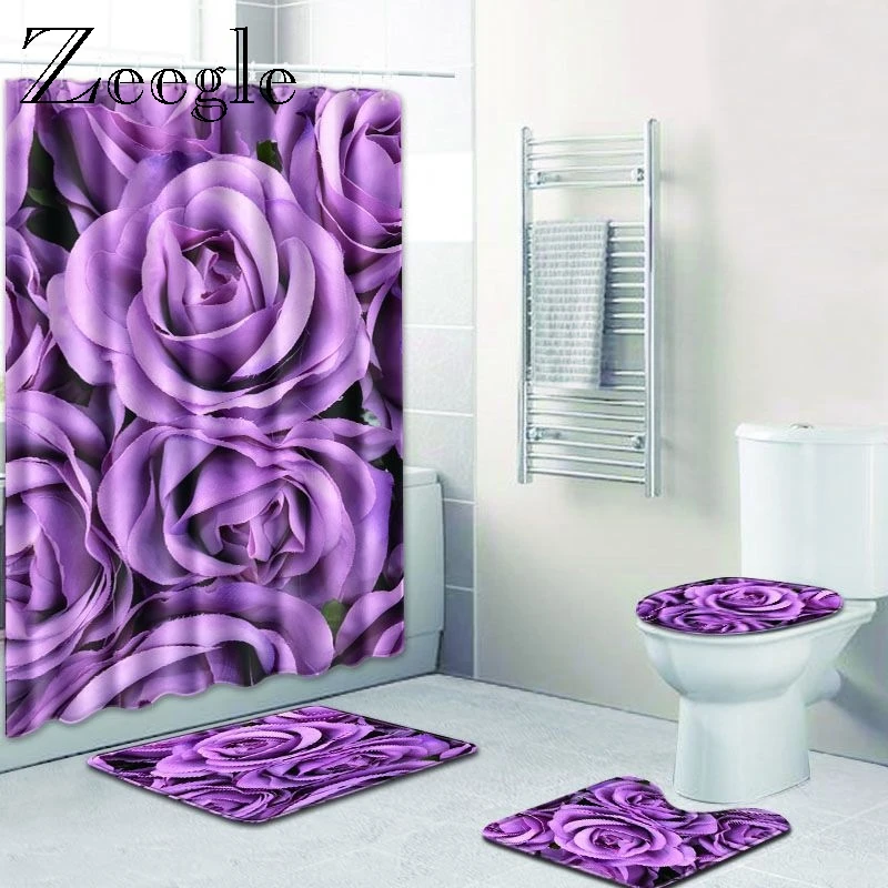 Zeegle Floral Pattern Bathroom Shower Curtain and Rug Sets 4Pcs Anti-slip Toilet Mat Floor Mat Bath Rugs Purple Quick Dry Mat