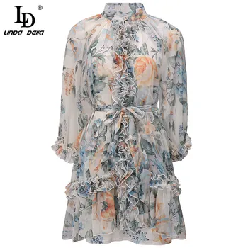 

LD LINDA DELLA Fashion Runway Designer Autumn Dress Women Stand collar Draped Chiffon Floral print Vintage Mini Dress Vestidos