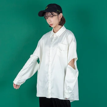 

Women Men Long Sleeve Hollow Out Black White Loose Casual Party Dress Shirt Female Streetwear Hip Hop Couple Plus Size Tops