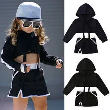 Комплекты одежды для маленьких девочек, пуловер с длинными рукавами, укороченный топ с капюшоном, мини-юбка, повседневная одежда, От 1 до 6 лет