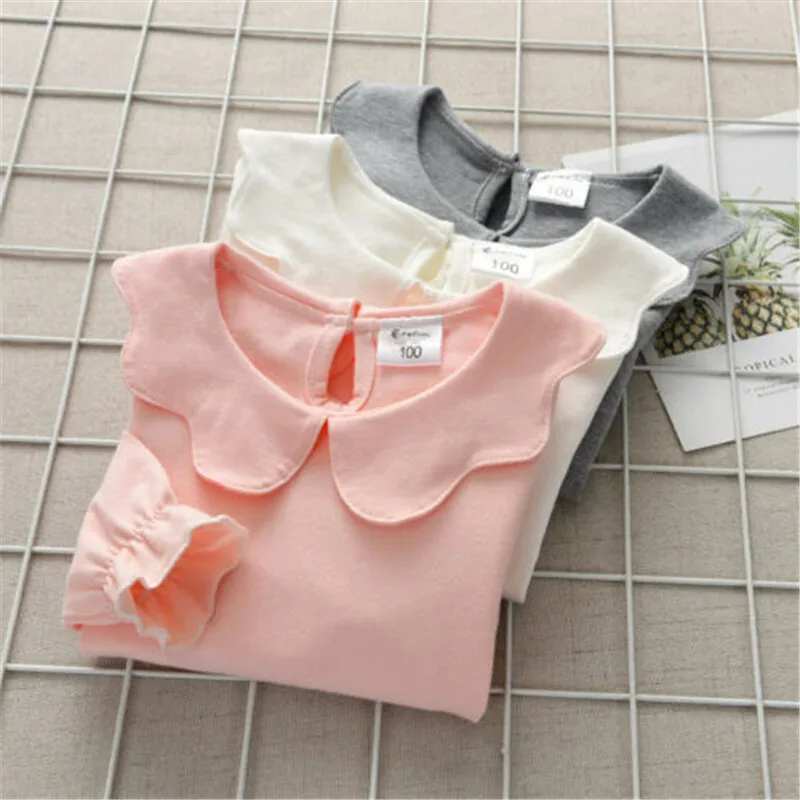Пуловер для маленьких девочек; блузка с длинными рукавами и воротником-бантиком; хлопковый топ; футболка с оборками; осенне-зимняя повседневная Приталенная футболка