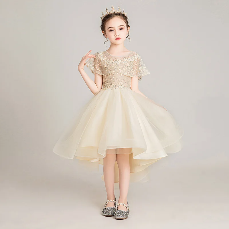 Бальные платья высокого качества с кружевной аппликацией и бусинами, пышное длинное платье для первого причастия для девочек, торжественное платье для свадебной вечеринки - Цвет: champagne tail