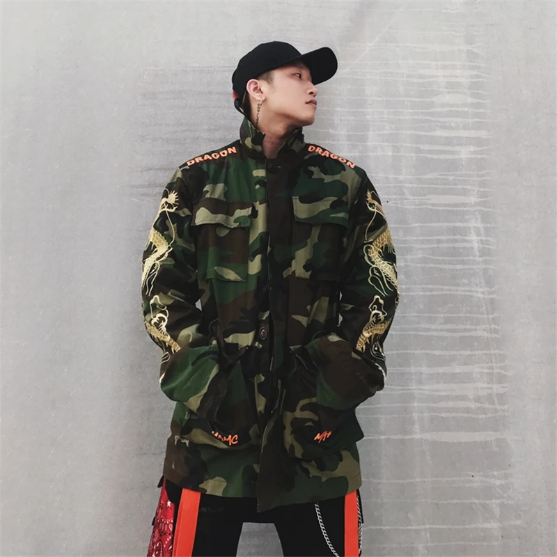 Men Oversize Dragon Embroidery Camo Long Trench Coat