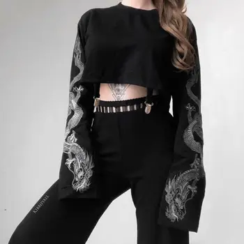 

2019 New Autumn Creative print tops Women Long Sleeve Diablo Series Dragon Print Autumn Warm Crop Top Pullover Coat blusa