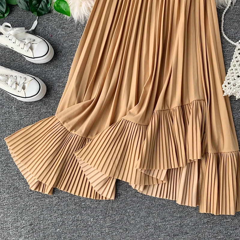 Fashion Elegant Ruffle High Waist Pleated Skirt Women Autumn Winter Irregular Harajuku Skirt Ladies Long Skirt