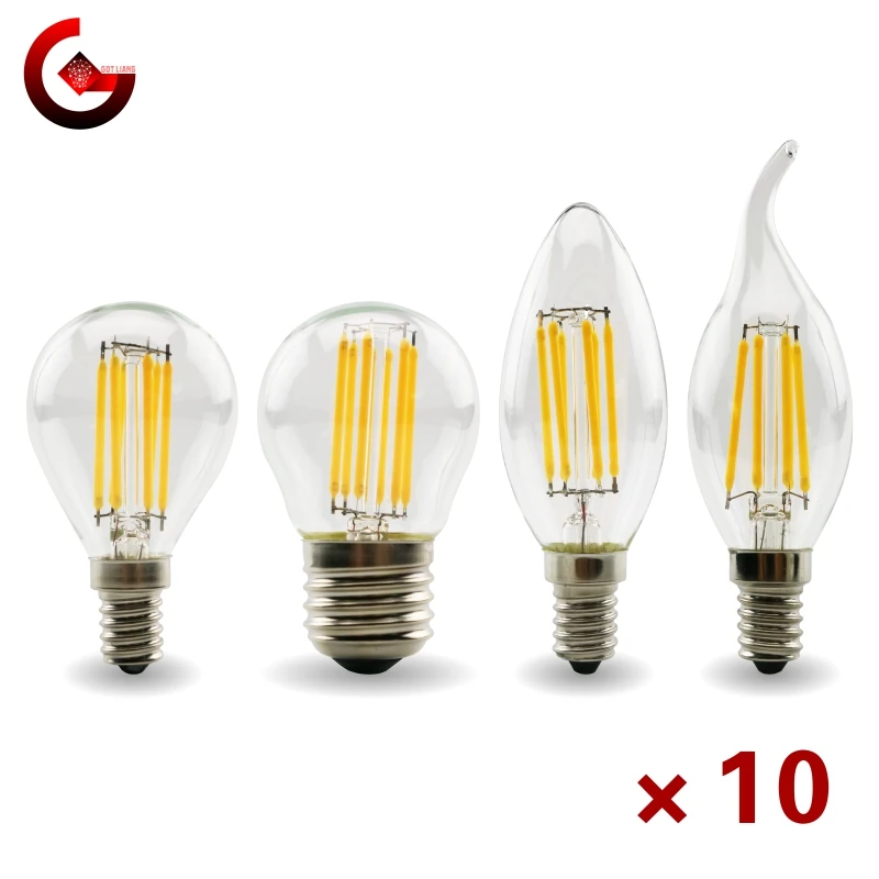 10 шт./лот E27 E14 Ретро Эдисон Светодиодная лампа накаливания 110V 220V C35 G45 стеклянная