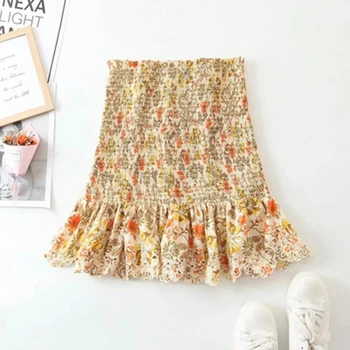 

Skirt Women Floral Print Shrink Fold Mini Skirt Faldas Mujer Ladies High Waist Hem Embroidery Ruffles Chic Vestidos Slim Skirts
