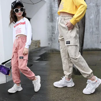 

Girls Cargo Pants 2020 New Kids' Wear 4-13T Autumn Solid Color Kids Cotton Trousers Teenage Clothing Elastic Waist Cargo Pants