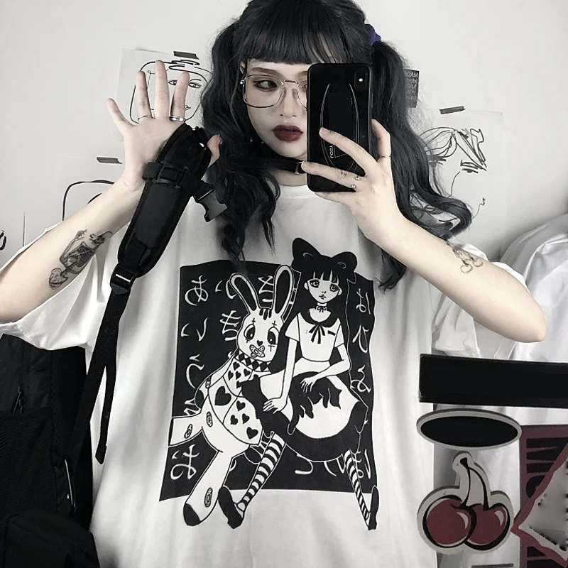 Aesthetic Harajuku T Shirt Gothic Punk Cartoon Print Short-sleeved O-Neck Femme Top Summer Women Tshirt Oversize Street Clothes