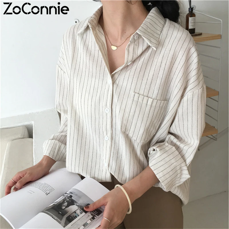 Классическая полосатая блузка для женщин 2020 Весенняя рубашка OL с длинным рукавом