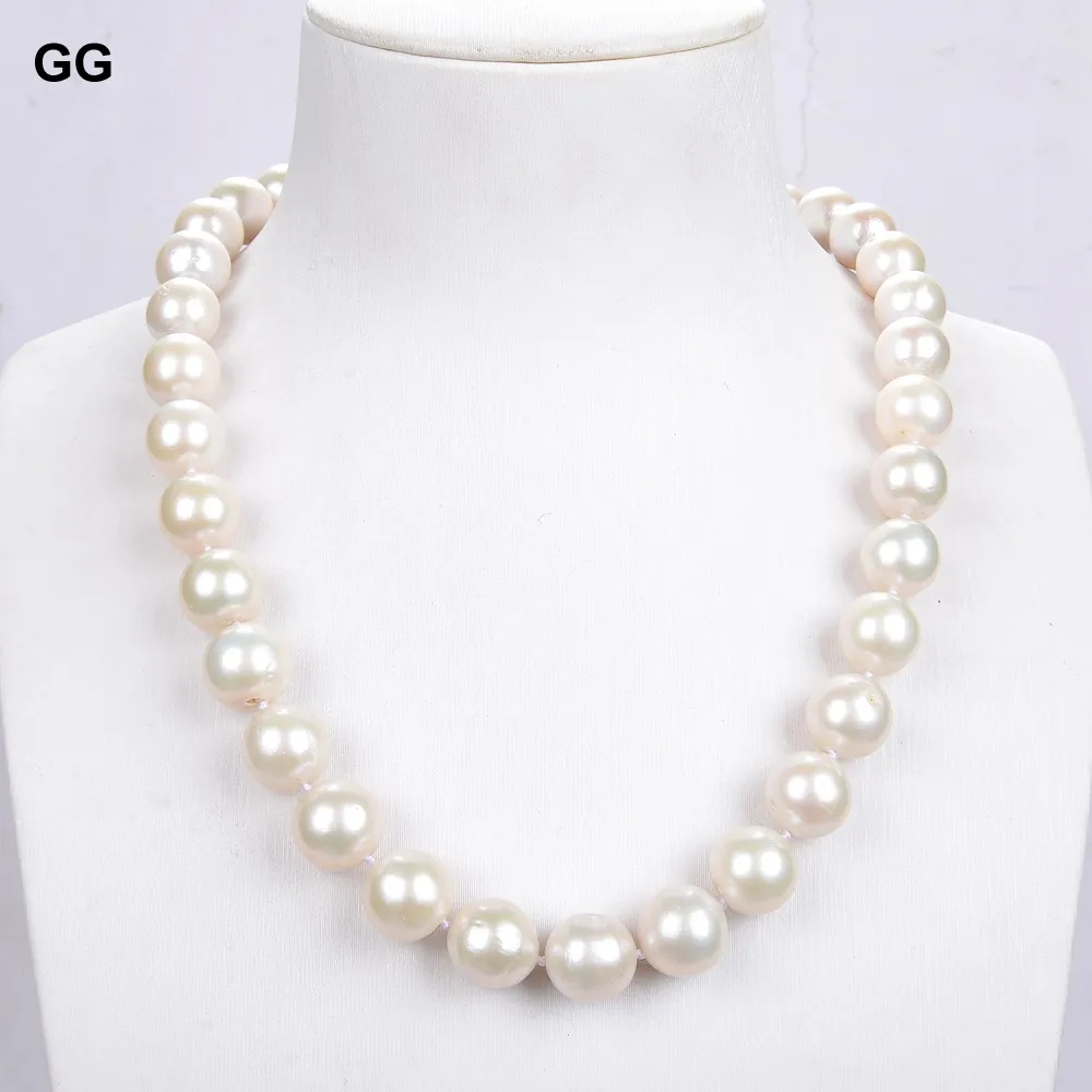 

GuaiGuai Jewelry Natural Cultured White Pearl 12-14MM White Round Keshi Pearl Necklace Classic For Women