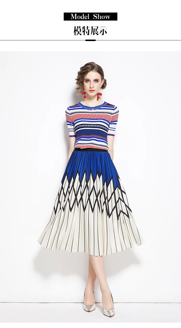 New Arrival Summer Stripe Knit Tops and Printed A-line Long Skirt Two piece Sets Women Runway Design Fashion Knit Set Suit