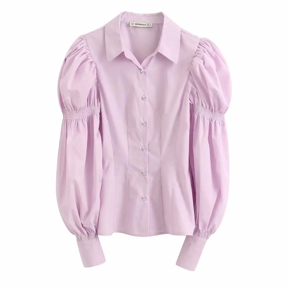 Женская эластичная блузка с рюшами и рукавами фонариками однотонная