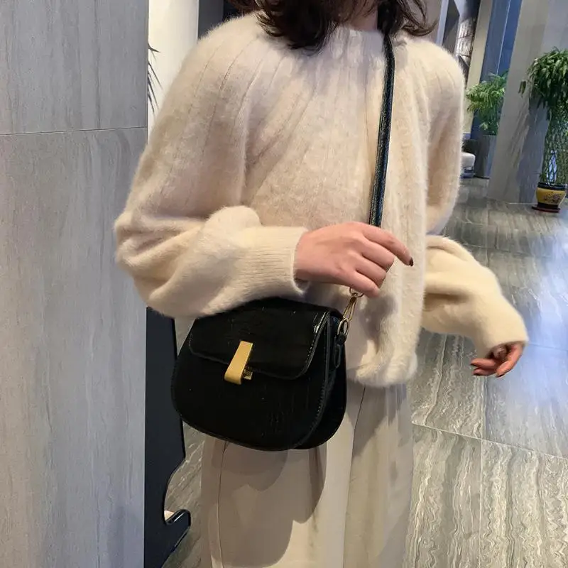 Retro Handbag Women Crocodile Leather Shopping Totes Handbag Women Shoulder Small Saddle Bags Solid Color Shoulder Bag