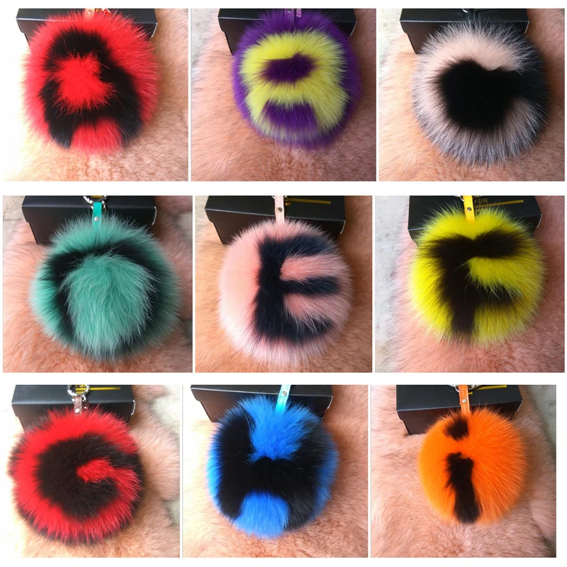 15cm Real Fox Fur Pompom Keychain Charm Letter Fluffy Fur Ball Keychains For Women Handbag Pendant
