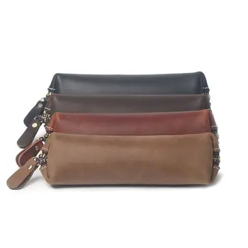 

Handmade Genuine Leather Pencil Bag Vintage Retro Style Cowhide Zipper Pen Case School Bag Glasses Case Office Stationery Gift