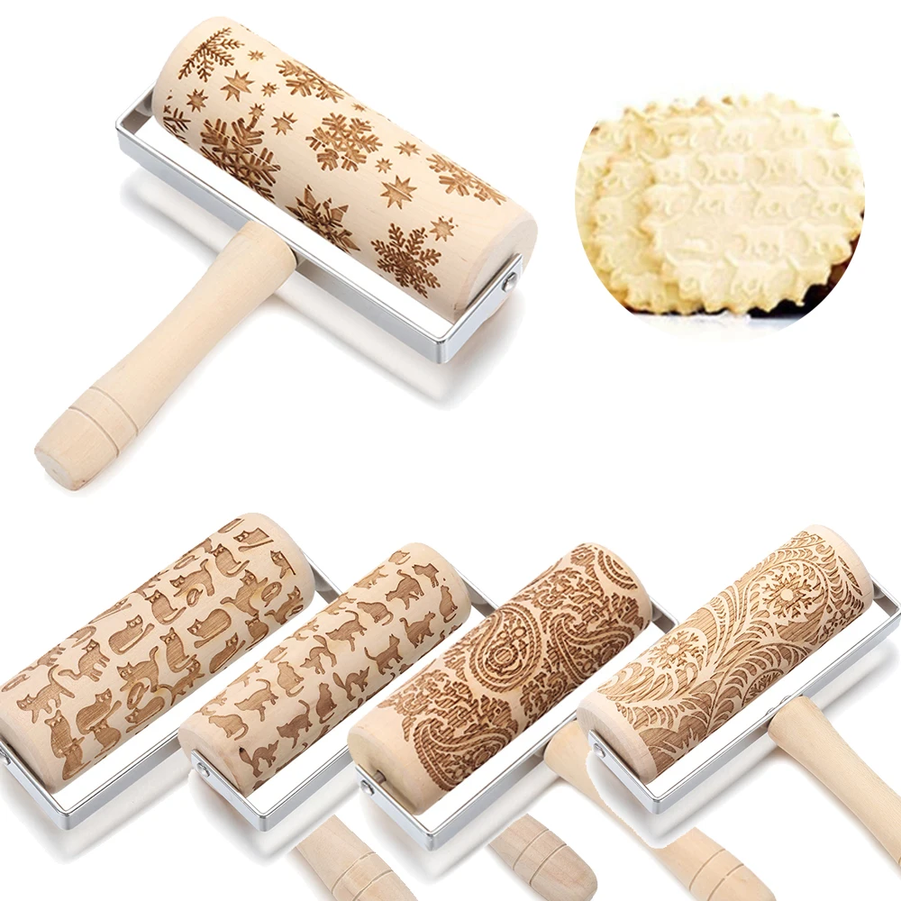 

Christmas Snowflake Flower Cat Paisley Embossing Rolling Pin Baking Cookies Biscuit Fondant Cake Dough Engraved Roller