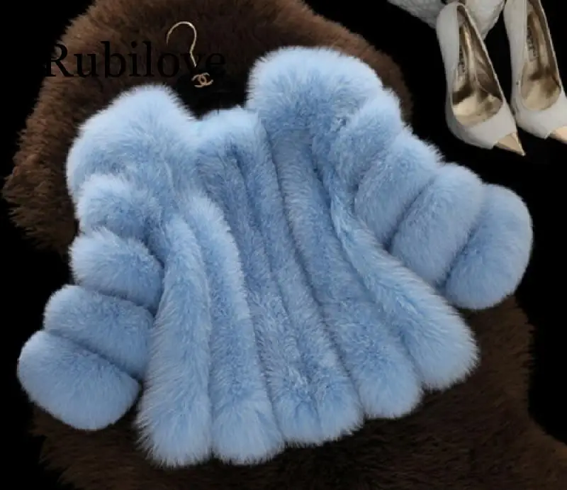 Модная Серебряная шуба из искусственного лисьего меха, Толстая теплая синяя лисица, женские пальто, зимняя элегантная шуба из искусственного меха с круглым вырезом