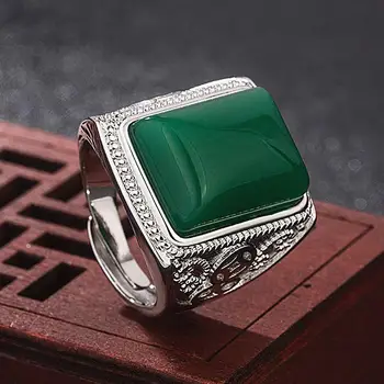 

Big vintage carving emerald green jade rings for men white silver color jewelry bague masculine Arabia ring turkey accessories