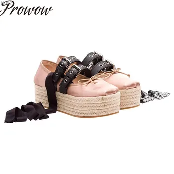 

Prowow New Genuine Leather Gladiator Lace Up Summer Sandals Round Toe Buckle Strap High Heel Wedges Shoes Women
