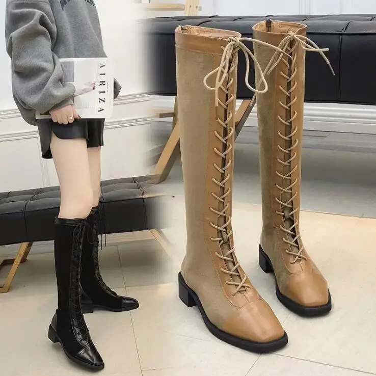 

Women Shoes Woman Boots Knee-high Boots Solid Color Fashion Lace Plus Velvet Boots 2019 Winter New Warm Comfortable Boots X80