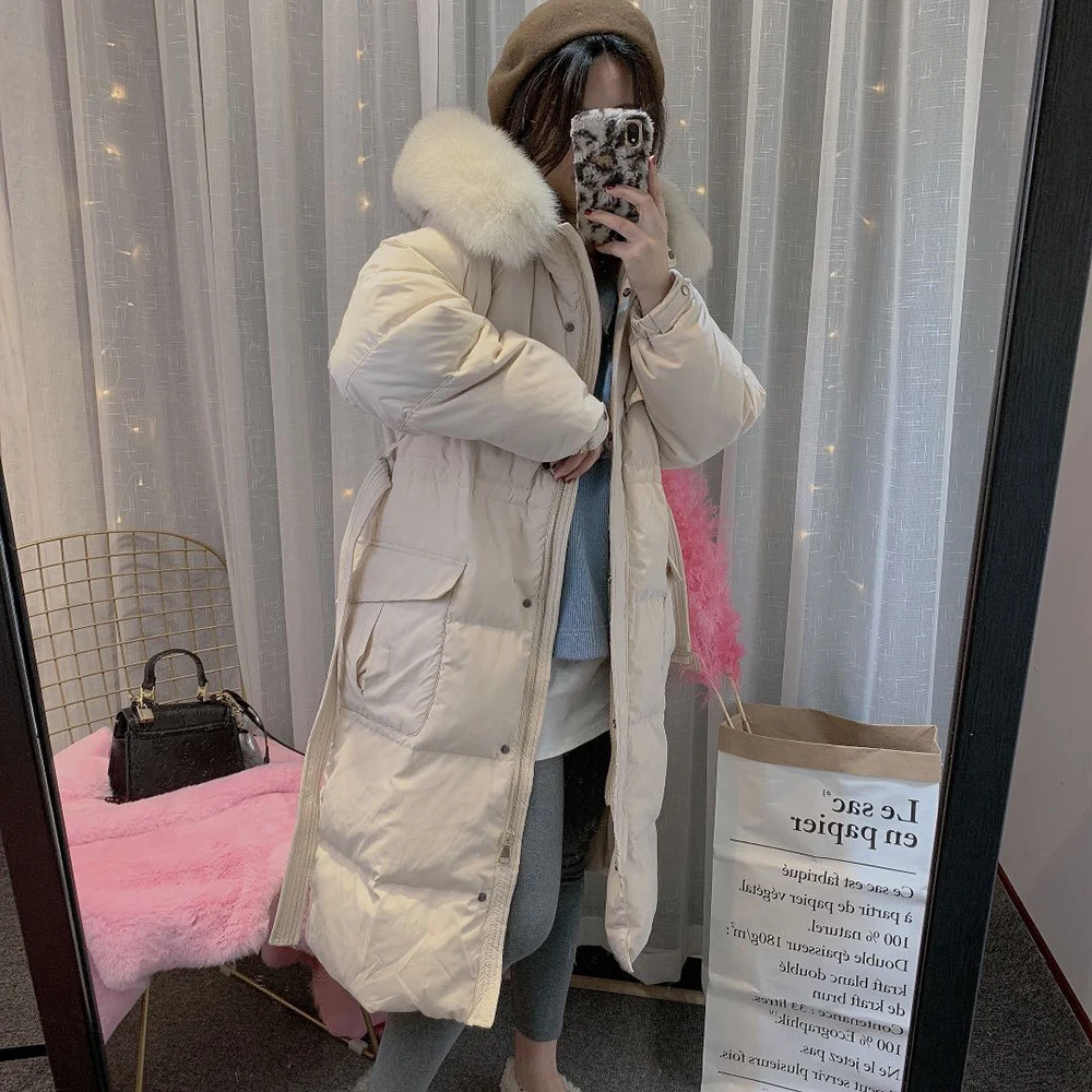 

Women's Down Coat With Real Fox Fur Collar Fashion Long Style White Duck Down Luxury S7633
