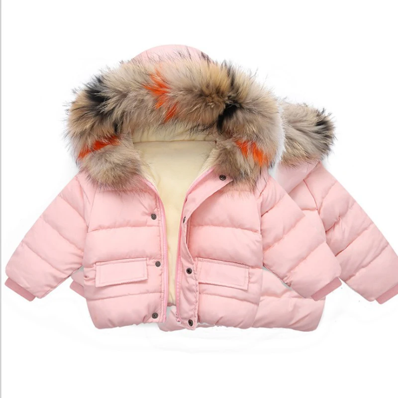 Winter Fashion Girls Big Fur Collar Down Jacket Cotton Boy Hooded Jacket Thickening Children's Warm Cotton Jacket 3-8 years old - Цвет: Pink