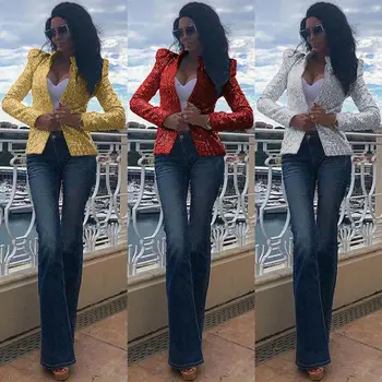 

Womens Sequins Slim Long Sleeve Top Party Suit Coat Jacket Outwear