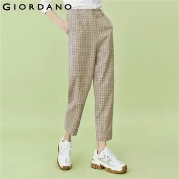 

Giordano Women Pants Slant Pockets Plaid Mid Waist Pants Ankle Length Straight Loose Fitting Casual Pantalones Mujer 90420254