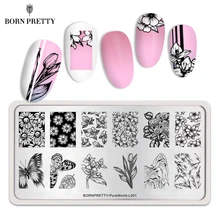 BORN PRETTY rectangular para uñas, placas de estampado de flores, mariposas, patrón mixto, arte de uñas, herramientas de diseño de imagen, plantilla de sello