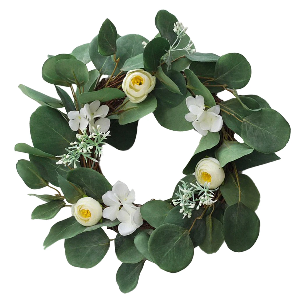 13.8 Inch Succulent Vine Wreath with White Flowers Arrangement for Front Door Home Office Real Twig Based Back