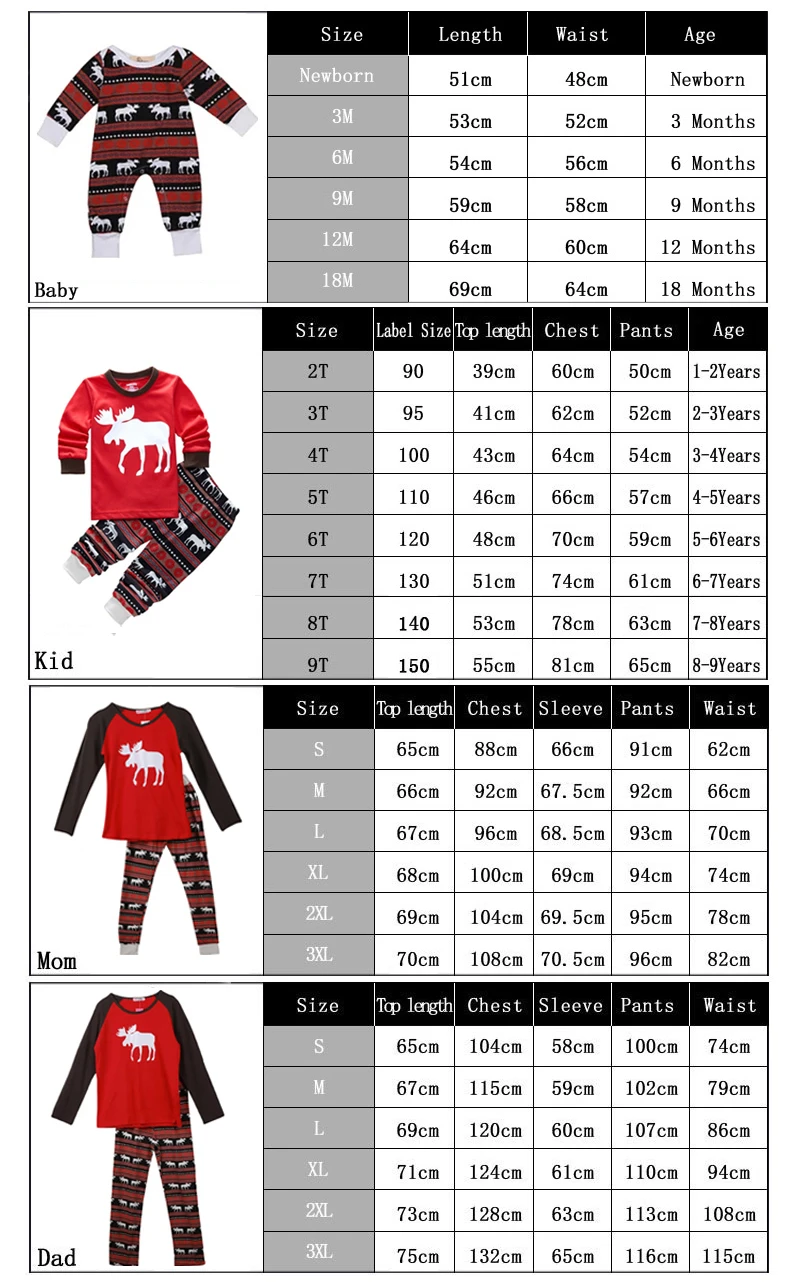 SZ family matching pajamas set daddy and mommy's size chart