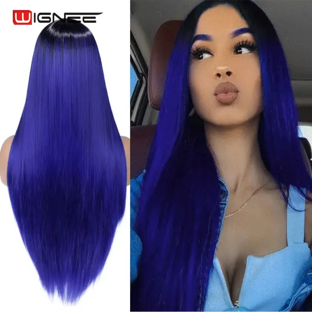 Wignee Long Natural Straight Wig Blonde Middle Part Cosplay Party Lolita Synthetic Wigs for Women Heat Resistant Fiber 1B Blue