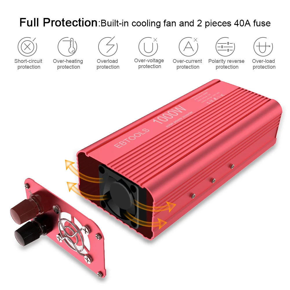 Автомобильный инвертор EBTOOLS 1000 W/2000 W инвертор 12 V-110 V автомобильный преобразователь с 2 AC Out Встроенный сменный 40A мини-предохранитель скольжения